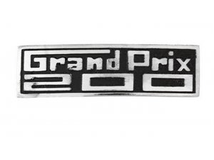 Schriftzug Grand Prix 200, Beinschild, fr Lambretta 200 DL/GP chrom/schwarz, Metall, Befestigung: 2 Pins, 80x23 mm, inkl. Muttern, Note 2 - gute Reparatur