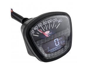 Drehzahlmesser/Tacho SIP 2.0  fr Lambretta DL/GP/LI/SX/TV  - 140 (km/h/mph) / 14.000 (Umin/rpm),  Ziffernblatt: carbonlook /schwarz, LCD schwarz, Ziffern: wei,Tachoring: schwarz,  Anschluss: 2,7mm,  Note 1* - erstklassige Reparatur