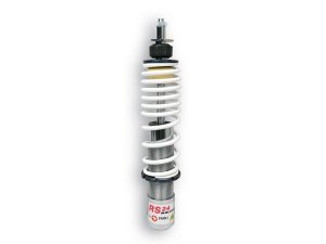 Stodmpfer MALOSSI RS24 vorne fr Vespa P80-150X/P200E/PX80 -200E/Lusso/T5 Krper: silber/schwarz, Feder: wei, Aufnahme: Gewinde/Gabel, Federvorspannung: einstellbar, L 255mm