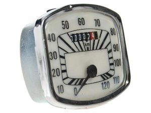 Tachometer SIP fr Vespa 150 GS VS2-4  80x69 mm, -120km/h, Ziffernblatt: wei, Ziffern: schwarz,Tachoring: chrom, Anschluss: 2,7mm