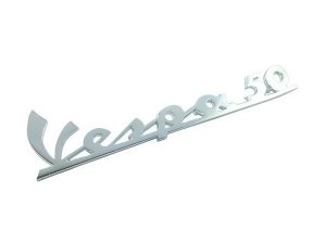 Schriftzug Vespa 50, Beinschild fr Vespa 50 N, V5A1T 11600 - > 283299 aluminium, Befestigung: zum kleben, 132x35 mm, 