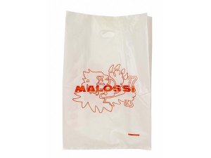 Tüte MALOSSI weiß, Schrift rot, Plastik, L 59 mm, B 39 mm