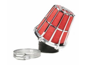 Rennluftfilter MALOSSI E5,  gerade  PHBG 15-21/MIKUNI,  Anschluss: 32mm, H 90mm  chrom, Innenfilter: rot