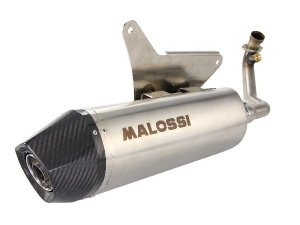 Rennauspuff MALOSSI RX, fr PIAGGIO 300 Beverly i.e. 2010 (M692M) 4T, LC,  silber, Dmpfer: Edelstahl,  mit E-Norm, mit Carbon Endkappe