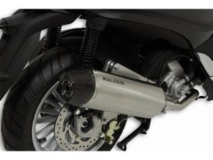 Rennauspuff MALOSSI RX, mit Katalysator, fr PIAGGIO 300 Carnaby i.e. 4T, LC,  silber, Dmpfer: Edelstahl,  mit E-Norm, mit Carbon Endkappe
