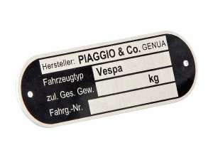 Typenschild PIAGGIO&CO. Genova, fr Vespa alle dt. Modelle `67 ->/alle ital. Modelle schwarz, Aluminium getzt, Befestigung: 2 Nieten, 80x25x0,6 mm