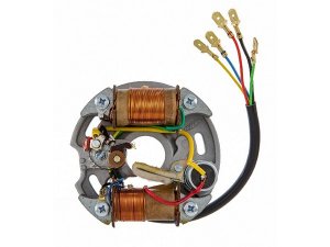 Zndgrundplatte SIP fr Vespa 50 S 2/SR/SS passt auch fr Vespa 50 R 2 /Special V5B1T 2/V5B3T auenliegende Zndspule, 2 Spulen, 6V/25W, runder Unterbrecher, fr Fernlicht