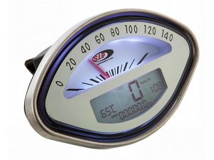 Drehzahlmesser/Tacho SIP 2.0 fr Vespa 125 GT/150 VBA/VBB /GL/GS/Sprint/160 GS/180 SS muschelfrmig, - 140 (km/h /mph) / 14.000 (Umin/rpm), Ziffernblatt: beige, LCD wei, digital/analog, 20 Funktionen