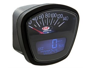 Drehzahlmesser/Tacho SIP 2.0 fr Lambretta DL/GP/LI/SX/TV - 140 (km/h/mph) / 14.000 (Umin/rpm), Ziffernblatt: schwarz, LCD schwarz, Anschluss: 2,7mm, digital/analog, 20 Funktionen